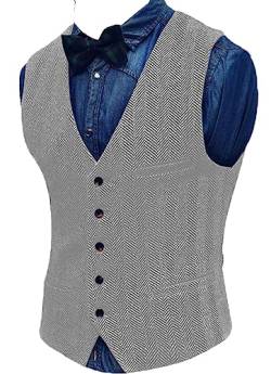 Yiaisafa Jaged Herren Weste Tweed Anzug Weste Herringbone Retro Vintage Wollen Hochzeit Business Bräutigam S-3XL(Silber,XXXL) von Yiaisafa