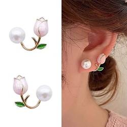 Yienate Boho Perlenohrstecker Wickelohrring Rosa Tulpe Blume Ohr Jacke Ohrring Gold Flora Vorne Hinten Kletterer Crawler Ohrringe Anweisung Perlenpiercing Wrap Ohrstecker Schmuck Für Frauen von Yienate