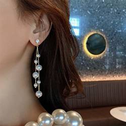 Yienate Fashion Lange Quaste Perlenohrringe Kristall Ohrstecker Perle baumeln Ohrringe Einzigartige Doppel-Perlenkette Drop Prom Ohrringe für Frauen Mädchen von Yienate