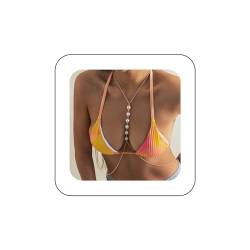 Yienate Sexy Perlen-Körperkette Zierliche Gold-Kunstperlen-Strand-Bikini-Kette BH-Bauch-Hals-Brust-Kette Feines Körpergeschirr Bralette Crossover-Körper-Halskette Festival-Schmuck für Frauen Mädchen von Yienate