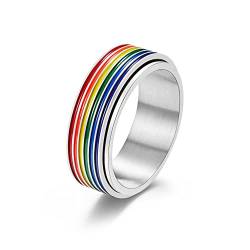 Yifnny Regenbogen Pride Ring, Edelstahl Bunter Spinner Ring Emaille Regenbogen LGBT Stolz Ring für Lesben und Schwule Verlobungsringe Gay Ring für Männer Frauen (Silber, 10) von Yifnny