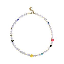 Yifnny Smiley Face Halskette, Y2K Halskette Smiley Face Beads Choker Bohemian Perlenkette Unregelmäßige Nachahmung Perle Choker Smiley Face Schmuck für Mädchen Frauen (Style 2) von Yifnny