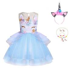 Einhorn Tutu Kleid Mädchen Prinzessin Kostüm Festival Rock für Cosplay Karneval Halloween Geburtstagskleid mit Einhornhaarband Blau 140 von Yigoo