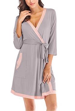 Morgenmantel Pyjama Damen Schlafanzug Saunamantel Baumwolle Kimono Sleepwear Mit Tiefer V-Ausschnitt Graun S von Yigoo