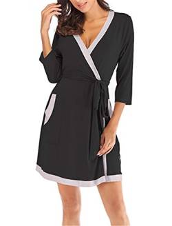 Morgenmantel Pyjama Damen Schlafanzug Saunamantel Baumwolle Kimono Sleepwear Mit Tiefer V-Ausschnitt Schwarz M von Yigoo