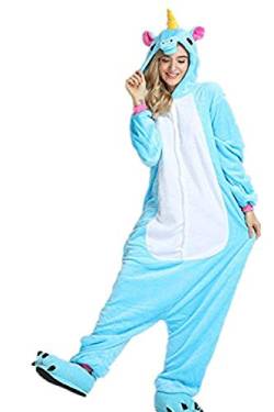 Yigoo Pyjama Jumpsuit Oneise Overall Damen Einhorn Tier Herren Lang Karneval Kostüm Cosplay Fleece mit 3D Kapuze Blau L von Yigoo