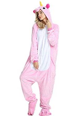 Yigoo Pyjama Jumpsuit Oneise Overall Damen Einhorn Tier Herren Lang Karneval Kostüm Cosplay Fleece mit 3D Kapuze Rosa L von Yigoo