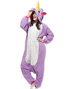 Yigoo Pyjama Jumpsuit Oneise Overall Damen Einhorn Tier Herren Lang Karneval Kostüm Cosplay Fleece mit 3D Kapuze Violett M von Yigoo