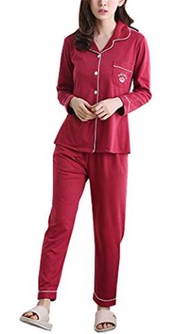 Yigoo Pyjama Schlafanzug Damen Lang Baumwolle Klassische Sleepwear V-Ausschnitt Zweiteiliges Rot M von Yigoo