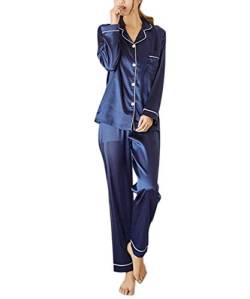 Yigoo Pyjama Schlafanzug Damen Lang Satin Klassische Sleepwear V-Ausschnitt Zweiteiliges Blau M von Yigoo