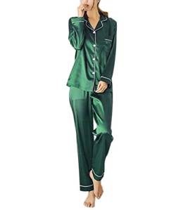 Yigoo Pyjama Schlafanzug Damen Lang Satin Klassische Sleepwear V-Ausschnitt Zweiteiliges Grün 3XL von Yigoo