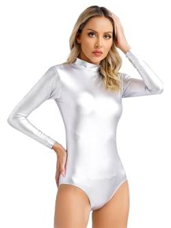 Yihuimin Damen Metallic Bodysuit Langarm Body Stehkragen Ballettanzug Tanz Ballett Gymnastikanzug Einteiler Lack Leder Overall S-XXL X Silber XL von Yihuimin