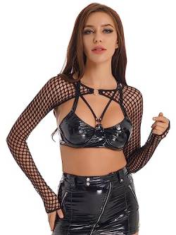 Yihuimin Damen Netz Crop Top Langarm Stretch Lang Handschuhe Tops Bolero Transparent Armmanschette Armstulpen Rave Partykleidung Schwarz 3XL von Yihuimin