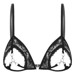 Yihuimin Damen Offene Brüste BH Spitzen Transparent Bra Bralette mit Metall Nippelringe Sexy Bustier Dessous Erotik Reizwäsche Schwarz L von Yihuimin