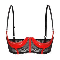 Yihuimin Damen Wetlook BH Hebe Sexy Bra Offene Brust Büstenhebe Push Up Bra mit Bügel Lackleder Bralette Verführerische Reizwäsche Lingerie U Rot 4XL von Yihuimin