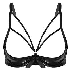 Yihuimin Damen Wetlook BH Offener Brust Hebe BH Bra mit Bügel Lackleder Büstenhalter Verführerische Lingierie Reizwäsche Schwarz XL von Yihuimin