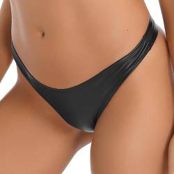 Yihuimin Damen Wetlook Hotpants Lackleder Slip mit Spitze Rüsche Lederoptik Strings Tanga Dessous Erotik Unterwäsche Höschen S-4XL Schwarz F M von Yihuimin