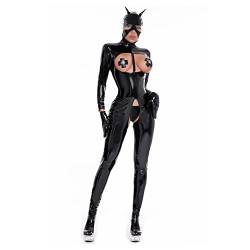 Yihuimin Wetlook Jumpsuit Damen Ouvert Catsuit Offene Brust Bodysuit Langarm Ganzkörperanzug Frauen Cosplay Katzenfrau Kostüm Schwarz Schwarz M von Yihuimin