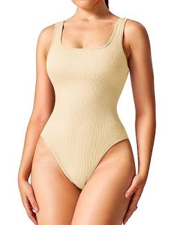 Yiifit Bodysuit Shapewear Damen Ribbed Body Shaper Ärmellos Seamless Square Neck Yoga Jumpsuit Gerippt Bauchweg Tanga Figure Shaping Beige Medium von Yiifit