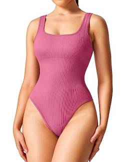 Yiifit Bodysuit Shapewear Damen Ribbed Body Shaper Ärmellos Seamless Square Neck Yoga Jumpsuit Gerippt Bauchweg Tanga Figure Shaping Rosa X-Large von Yiifit