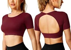 Yiifit Sport Backless Top Damen Fitness Patchwork Gym Tops Sportoberteile mit Cups Yoga Shirt Burgunderrot X-Small von Yiifit