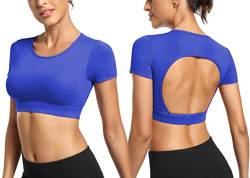 Yiifit Sport Backless Top Damen Fitness Patchwork Gym Tops Sportoberteile mit Cups Yoga Shirt Juwel blau Large von Yiifit