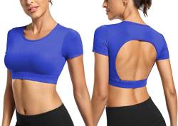 Yiifit Sport Backless Top Damen Fitness Patchwork Gym Tops Sportoberteile mit Cups Yoga Shirt Juwel blau Medium von Yiifit