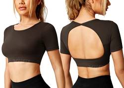 Yiifit Sport Backless Top Damen Fitness Patchwork Gym Tops Sportoberteile mit Cups Yoga Shirt Kaffee Small von Yiifit