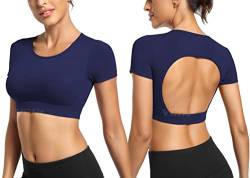 Yiifit Sport Backless Top Damen Fitness Patchwork Gym Tops Sportoberteile mit Cups Yoga Shirt Marineblau Medium von Yiifit
