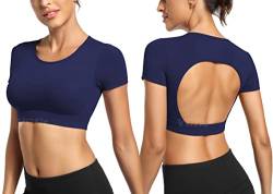 Yiifit Sport Backless Top Damen Fitness Patchwork Gym Tops Sportoberteile mit Cups Yoga Shirt Marineblau Small von Yiifit