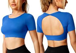 Yiifit Sport Backless Top Damen Fitness Patchwork Gym Tops Sportoberteile mit Cups Yoga Shirt Royal Blue X-Small von Yiifit