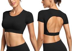 Yiifit Sport Backless Top Damen Fitness Patchwork Gym Tops Sportoberteile mit Cups Yoga Shirt Schwarz Large von Yiifit