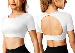 Yiifit Sport Backless Top Damen Fitness Patchwork Gym Tops Sportoberteile mit Cups Yoga Shirt Weiß Medium von Yiifit