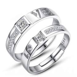 1 Paar Damen Herren Paar Ringe 925 Sterling Silber LOVE Herz Zirkonia Glitter Partnerringe Eheringe Verlobungsring Trauringe Freundschaftsringe Hochzeitsring Valentinstag Band Ring Offen Verstellbar von Yikoly