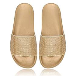 Yikoly Hausschuhe Damen Sommer Pantoletten Frauen mode Glitzer Flache Weich Glitzer Strass Slipper Rutschfest Beuqem Badelatschen Strand Sandalen In-Outdoor (Golden, numeric_38) von Yikoly