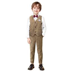 Yilaku Junge Weste Streifenanzug Kinder Kleinkind Ringträger Outfit Gentleman Hemd Kleidung Sets 3-7 Jahre, Khaki von Yilaku