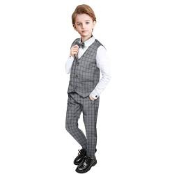 Yilaku Jungen Anzug Set 4 Stück Tweed Weste + Hemd + Hose + Fliege Gentleman Hochzeit Kleidung Set Baby Jungen Formelle Outfit Sets (Dunkelgrau, 110) von Yilaku