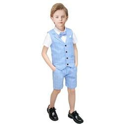 Yilaku Jungen Anzug Set Weste + Hose + Hemd + Fliege 4-teiliges Kleidungsset Gentleman Infant Formal Dress Smoking Boy Outfit Set (Himmelblau,100) von Yilaku