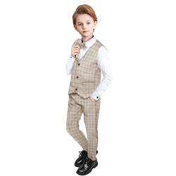 Yilaku Kleine Jungen Anzug Set 4 Stück Kinder Langarm Hemd + Gentleman Weste + Elegante Hosen Outfits Kleidung Set (Khaki,110) von Yilaku