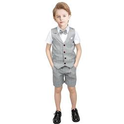 Yilaku Kleiner Junge Formell Anzug Set Sommer Junge Outfit Set Kleid Hemd + Shorts Hose + Weste Smoking Plaid Gentleman Suit Set (Grau,120) von Yilaku