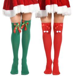 Yilanmy 2 Paar Weihnachten Overknees Strümpfe Damen Kniestrümpfe Kniehohe Lange Socken Thigh High Socks für Weihnachten Cosplay (Einfarbig,Rot+grün) von Yilanmy