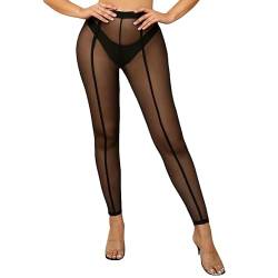 Yilanmy Damen Sexy Durchsichtige Mesh Leggings Hohe Taille Stretchy Netz Leggings Strumpfhosen Transparente Gestreifte Lange Hosen (XL) von Yilanmy