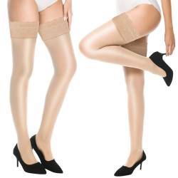 halterlose strümpfe glänzend Damen Ölig Glänzend Strümpfe Spitze Silikon Overknee Nylonstrümpfe Seidenglatt 15 Den 2 Paar (Natürliche, L-XL) von Yilanmy