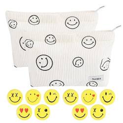 2 Stück Kulturtasche Kosmetiktasche Reise Multifunktionaler Waschtasche Kord-Kosmetiktasche mit Lächeln-Gesicht und 10 Emoticon-Abzeichen für Mädchen Damen (Beige) von YiliYa