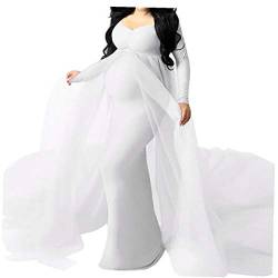 Yililay Umstandskleid Frauen-Spitze Langarm Fotografie Kleid Frauen Schwangere Mutter schleppendes Kleid Weiß 2XL von Yililay
