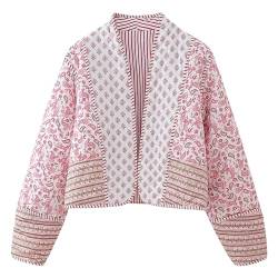 Yimoon Damen Cropped Puffer Jacke Vintage Blumendruck Open Front Leichte Kurze Jacke Outwear, Pink, L von Yimoon
