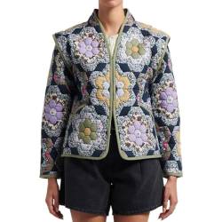 Yimoon Damen Cropped Puffer Steppjacke Vintage Blumendruck Offene Vorderseite Leichte Kurze Jacke Outwear (Schwarz-M), Schwarz, M von Yimoon
