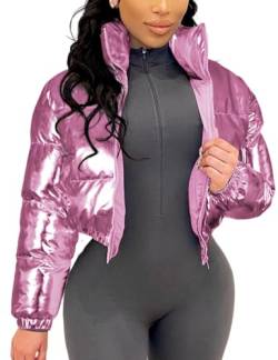 Yimoon Damen Y2k Winter Cropped Metallic Einfarbig Gepolsterte Jacke Stehkragen Reißverschluss Glänzend Puffer Mantel, Pink, M von Yimoon