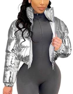 Yimoon Damen Y2k Winter Cropped Metallic Einfarbig Gepolsterte Jacke Stehkragen Reißverschluss Glänzend Puffer Mantel, silber, S von Yimoon