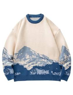 Yimoon Herren-Pullover, übergroße Grafik, lässig, Zopfstrickpullover, Pullover, niedlich, Unisex, Rundhalsausschnitt, Retro-Paar-Tops, Blau, Mittel von Yimoon